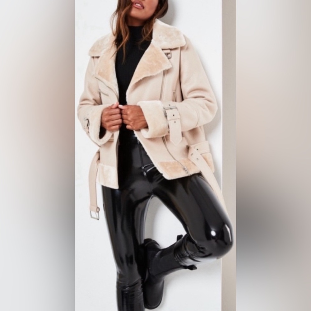 Missguided cream winter leather jacket